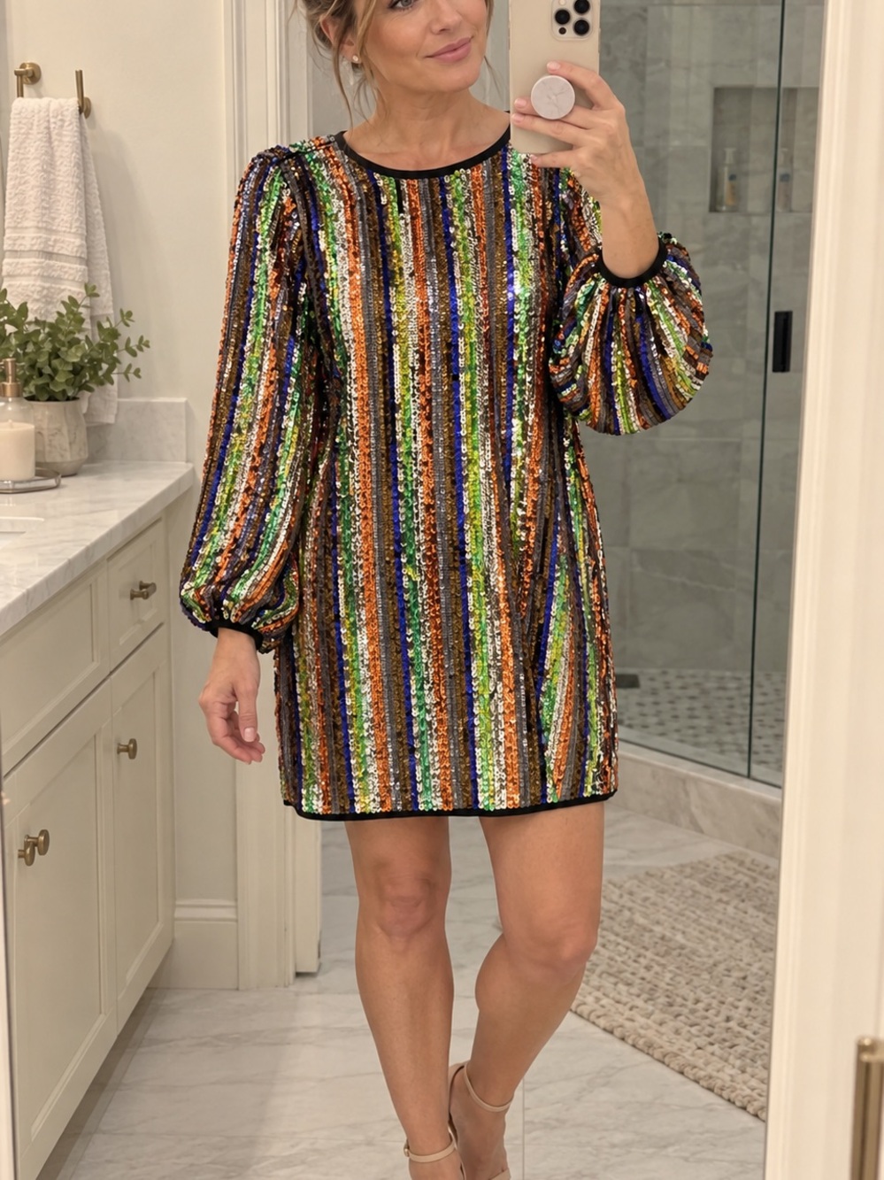 NY & CO Eva Mendez multi sequin stripe long sleeve shift dress medium